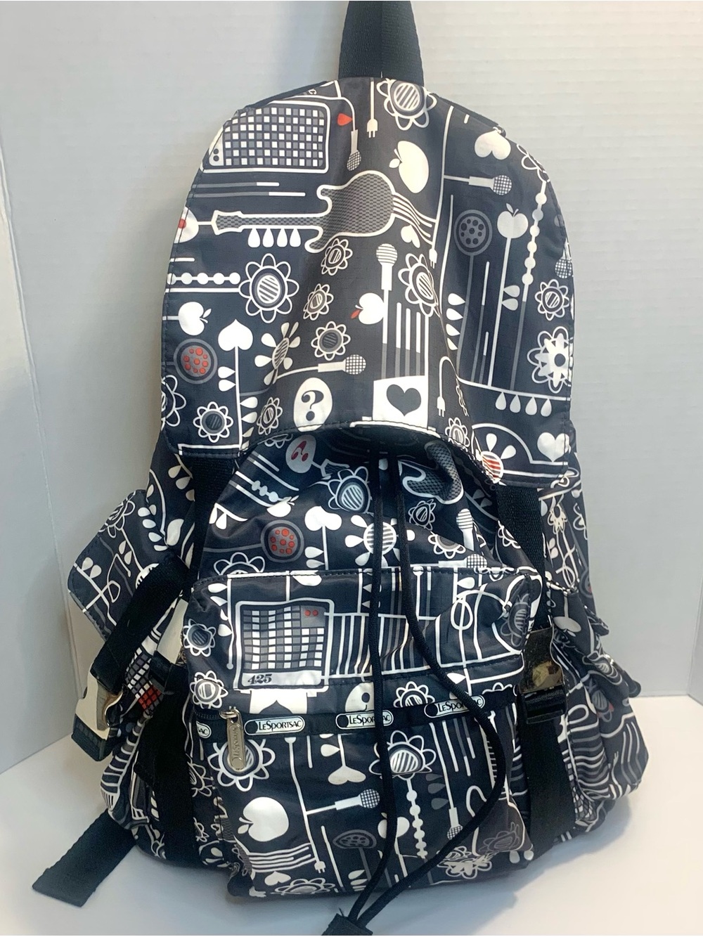 Lesportsac Black & White Graphic Kids Backpack with Playful Icons